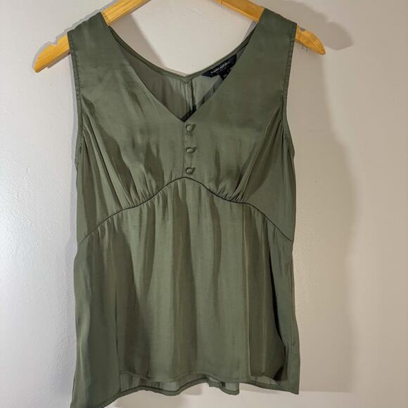 Banana Republic Silky Satin Peplum Sleeveless Blouse | Olive Green V-Neck Top - Picture 1 of 5